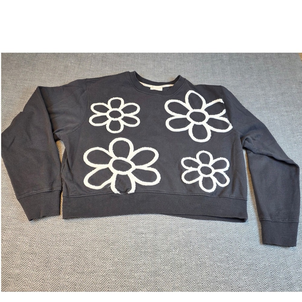 Recycled Threads XL Cropped Sweatshirt Faded Black Floral Applique Crewneck
